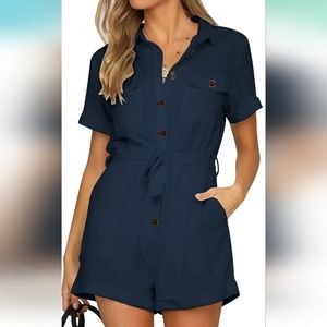 Women's Short Sleeve Button Down Pockets Belted Jumpsuits Romper, Large, Navy